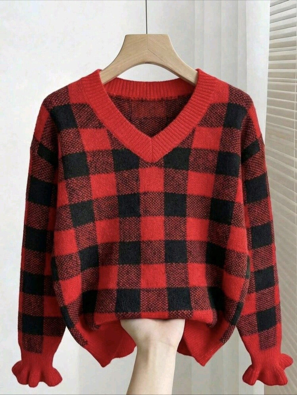 Red And Black Plaid V Neck Raglan Long Sleeve Pullover Sweater For Women Casual